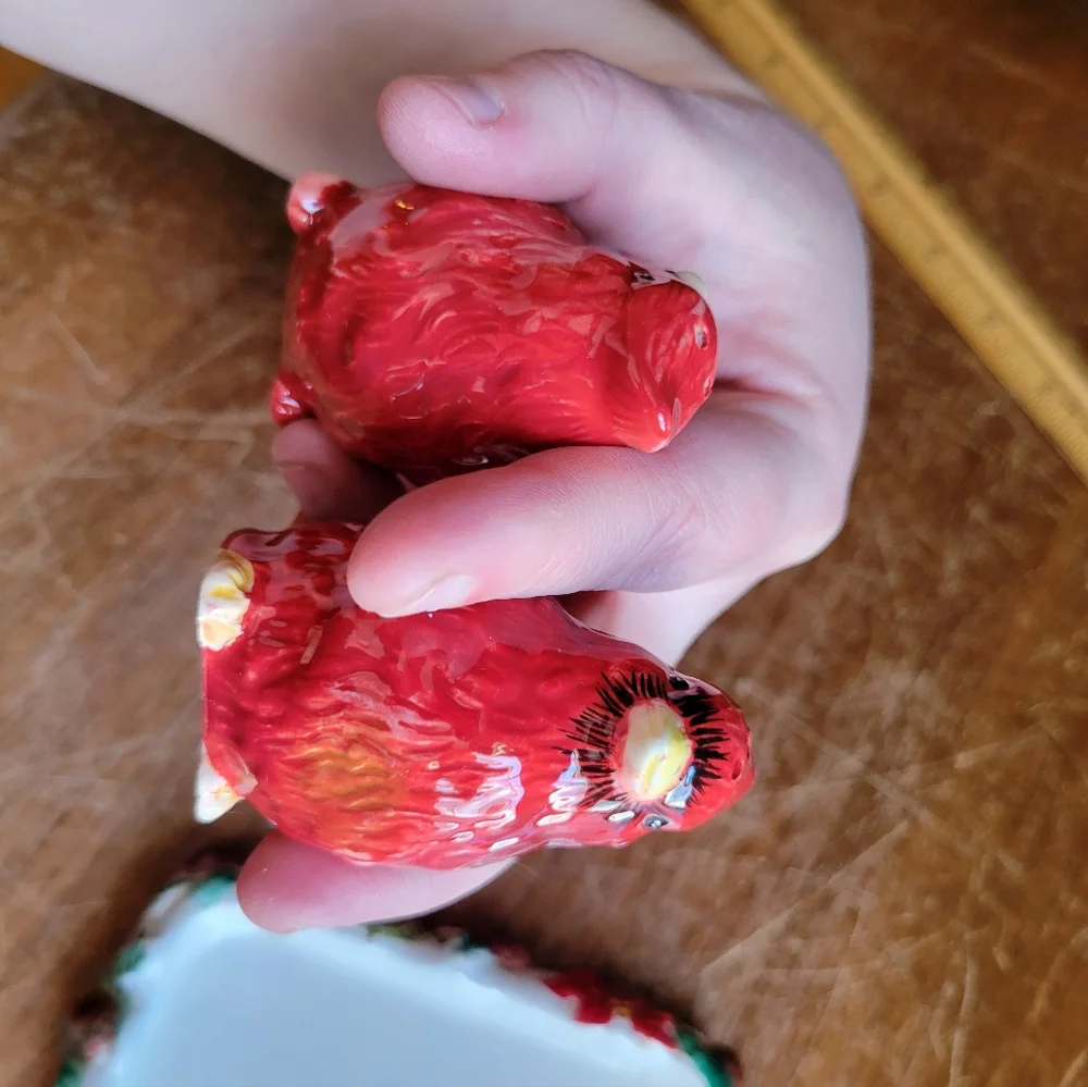 Ganz Cardinals on Tray Salt & Pepper S&P Christmas Pair Holly Pointsetta W/ Plug